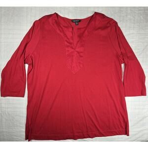 Lauren Ralph Lauren Womens Tunic Top Split Neck 3/4 Sleeve Red 2X